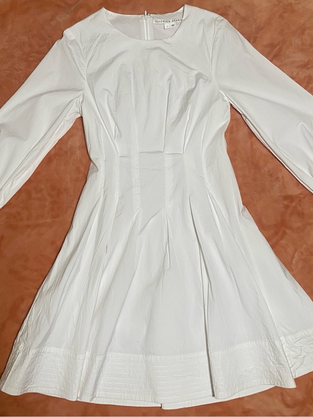 Veronica Beard White Long-Sleeve Fit & Flare Torres Dress with Pleated Skirt